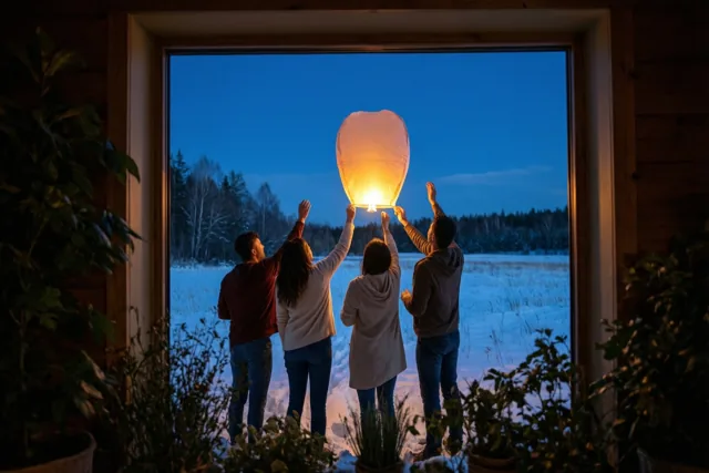 Door een houten raam is te zien hoe vier mensen van achteren gezien in een besneeuwd veld een lichtgevende papieren lantaarn oplaten onder een donkerblauwe hemel.