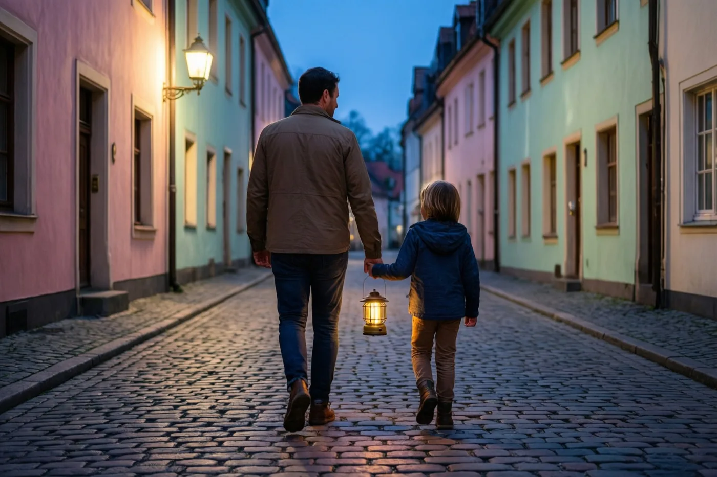 Een ouder en kind lopen bij schemering hand in hand door een smalle kasseienstraat met pastelroze en mintgroene gebouwen, waarbij het kind een lichtgevende lantaarn vasthoudt.