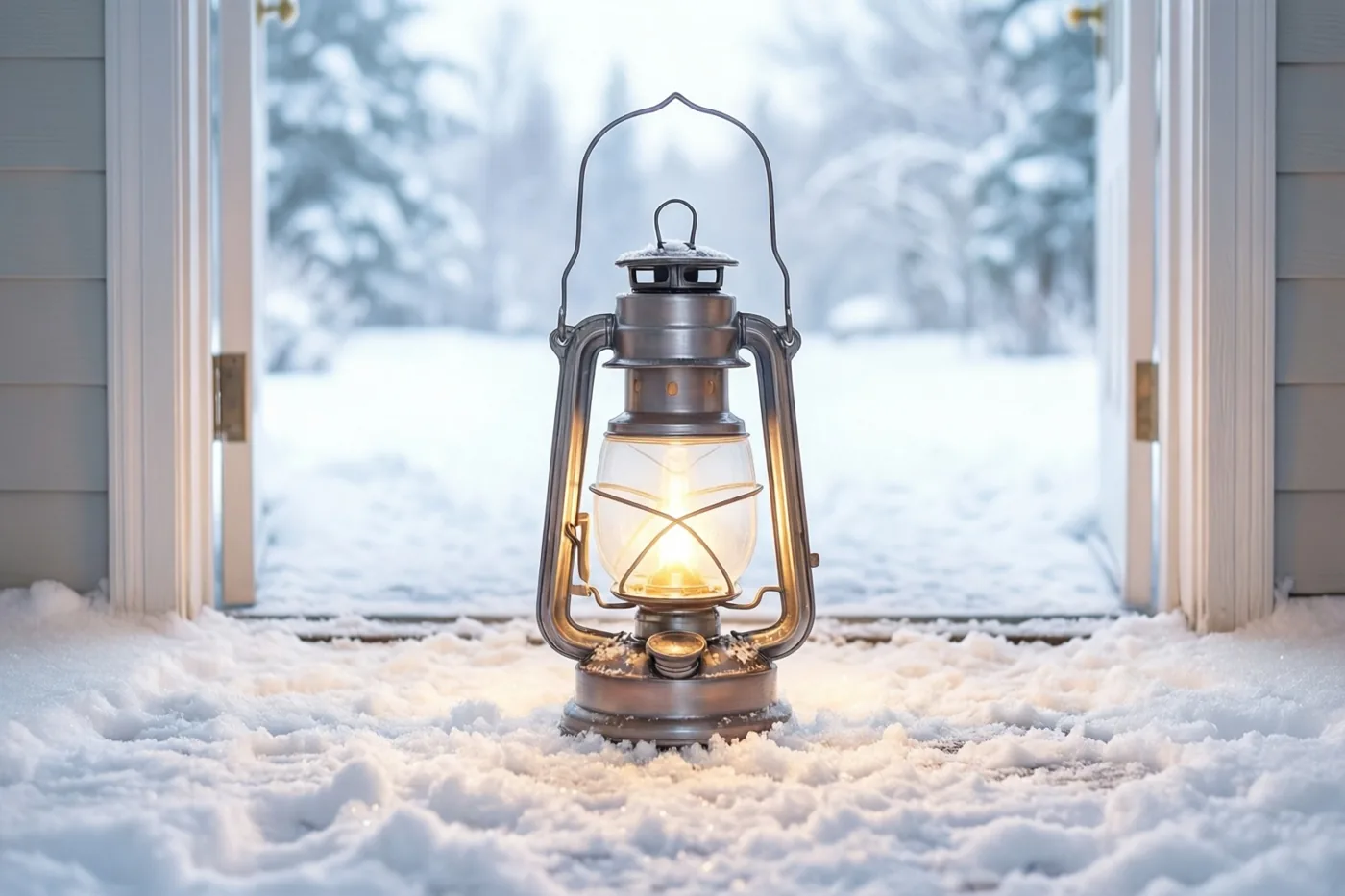 Een brandende metalen lantaarn staat op een besneeuwde drempel voor een open deuropening in een winters landschap met witte en grijze tinten.