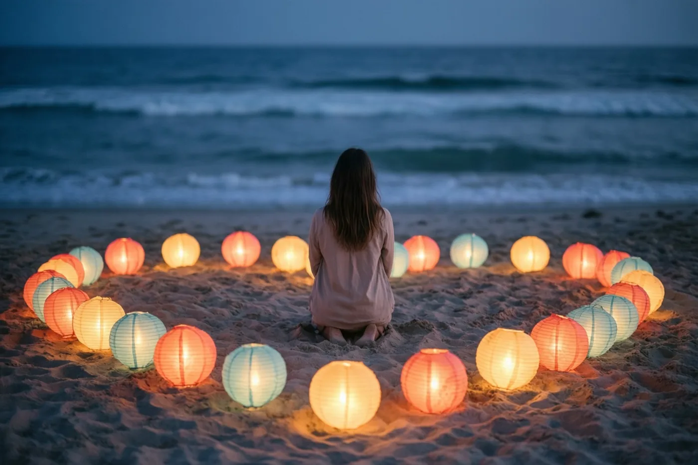 Een persoon knielt op een strand bij nacht binnen een hart van lichtgevende lantaarns, met de donkere zee en een schemerlucht op de achtergrond.