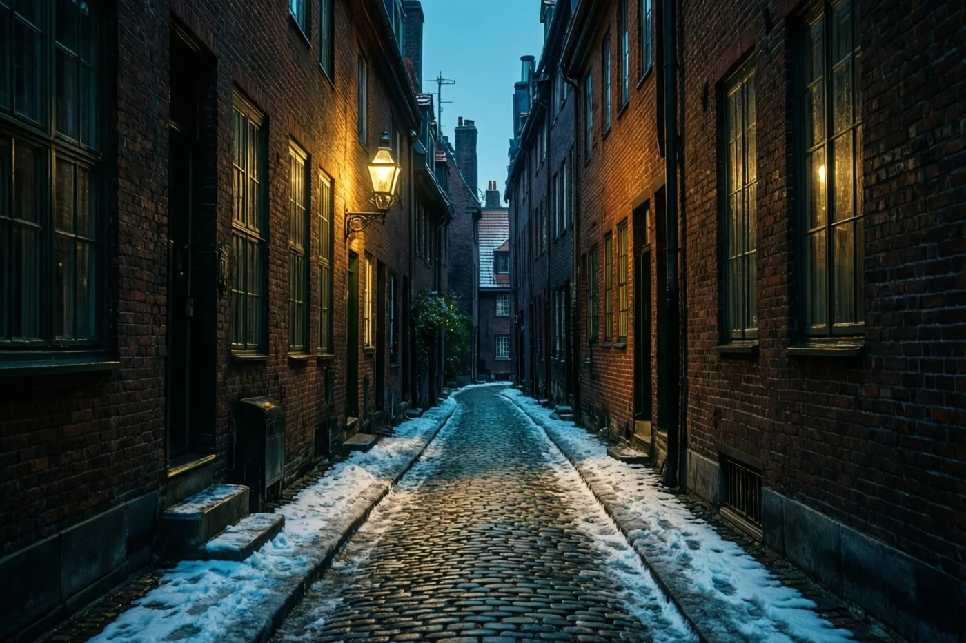 Een smalle kasseisteeg tussen oude bakstenen huizen is omzoomd met verse sneeuw en verlicht door een lantaarn, met blauwe lucht aan het einde.