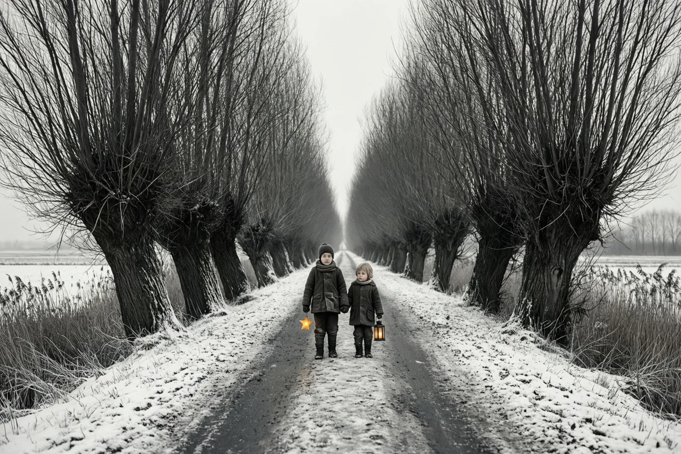 Twee kinderen in winterjassen lopen hand in hand over een lichtbesneeuwde weg tussen knotwilgen, in zwart-wit met alleen het warme licht van een sterlantaarn en een gewone lantaarn in kleur.