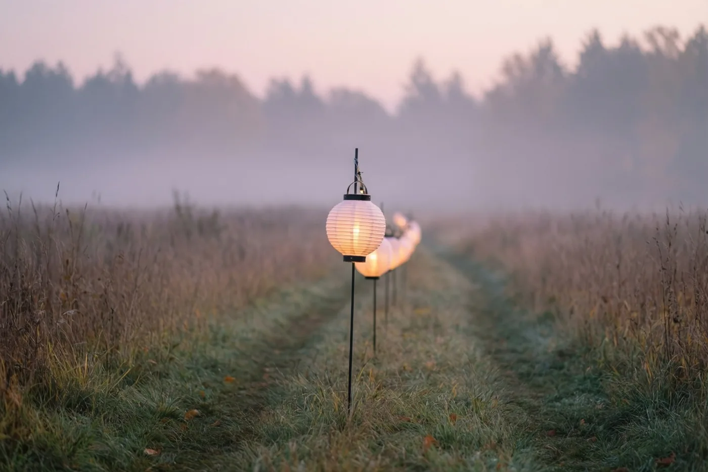 Papieren lantaarns verlichten een graspad door een mistige weide bij schemering, met roze en paarse tinten boven het groenbruine gras.