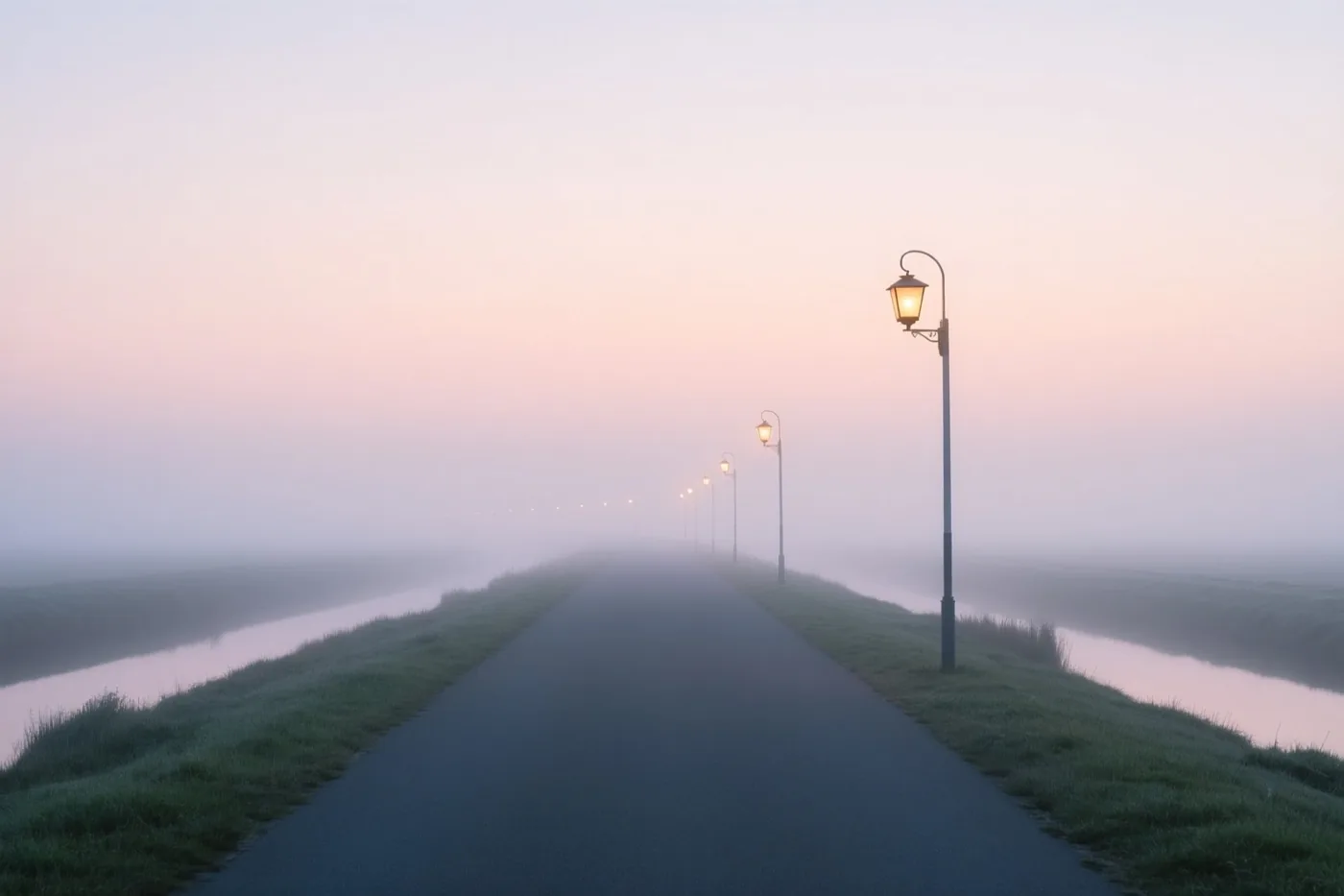 Een mistige polderweg met ouderwetse brandende lantaarns loopt tussen grasbermen en waterlopen naar de verte, onder een roze en lila schemerlucht.