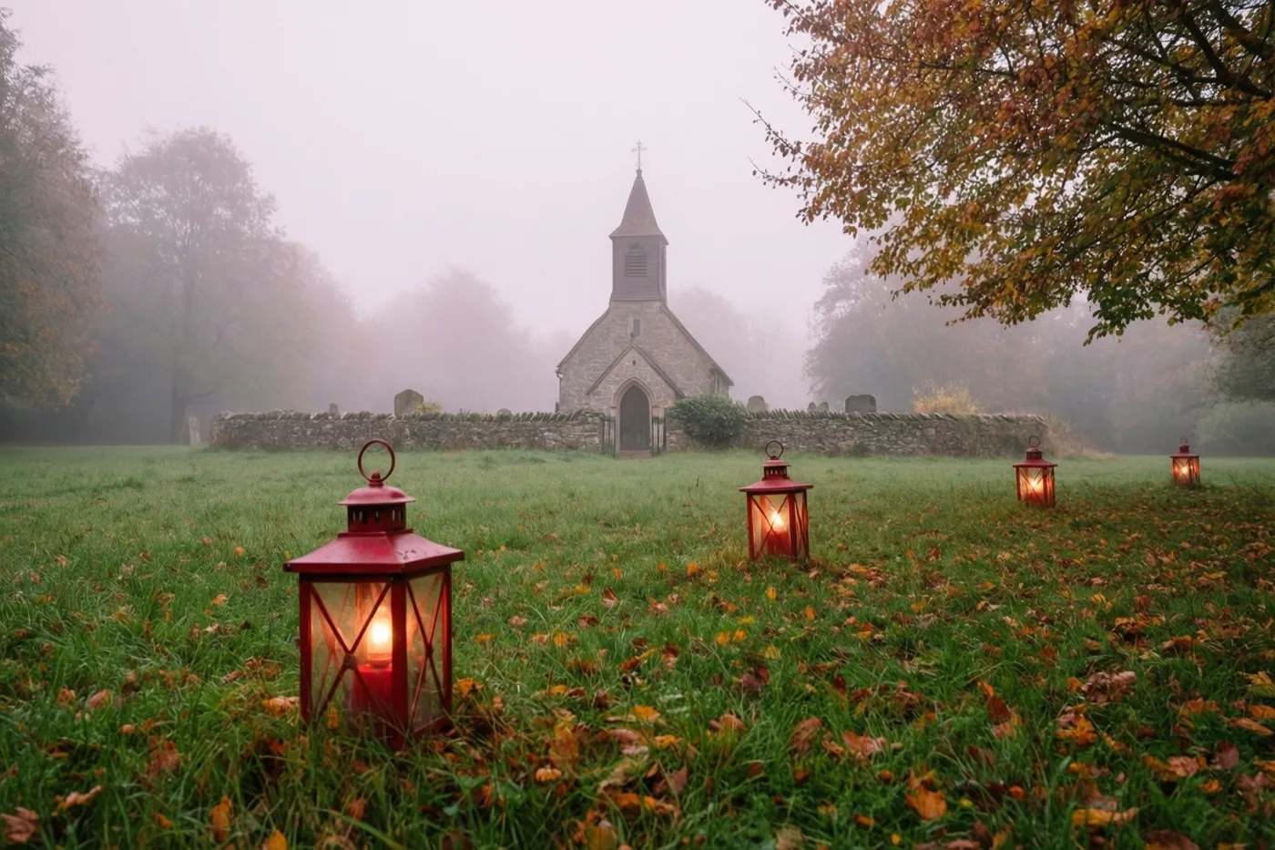 Rode lantaarns branden op het gras van een mistige weide met gevallen bladeren, met in de verte een stenen kerkje met toren achter een lage stenen muur en bomen in herfstkleuren.