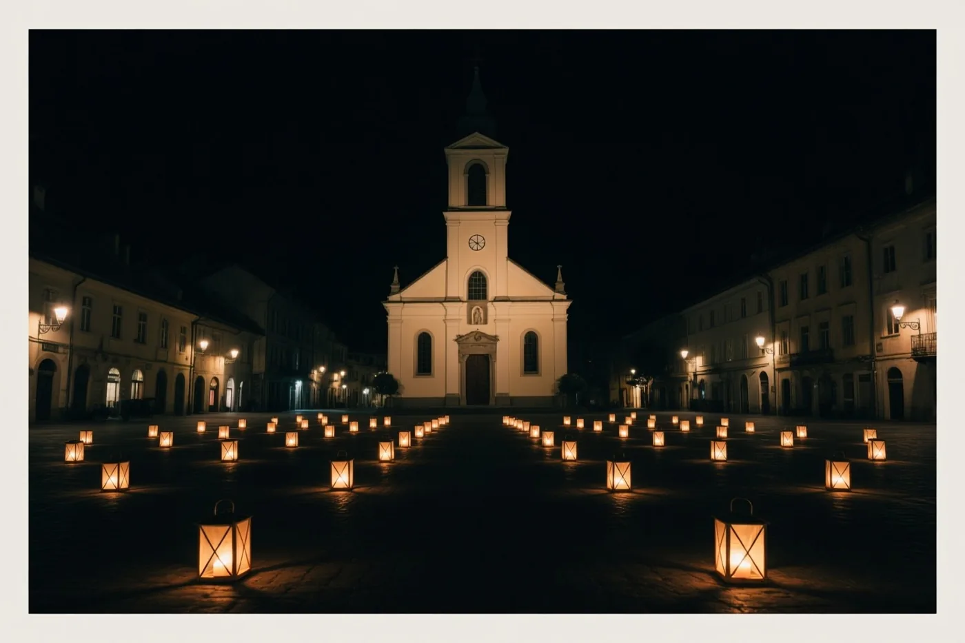 Veel kleine lantaarns verlichten de kasseien van een kerkplein bij nacht, met zacht verlichte gebouwen onder een donkere hemel.