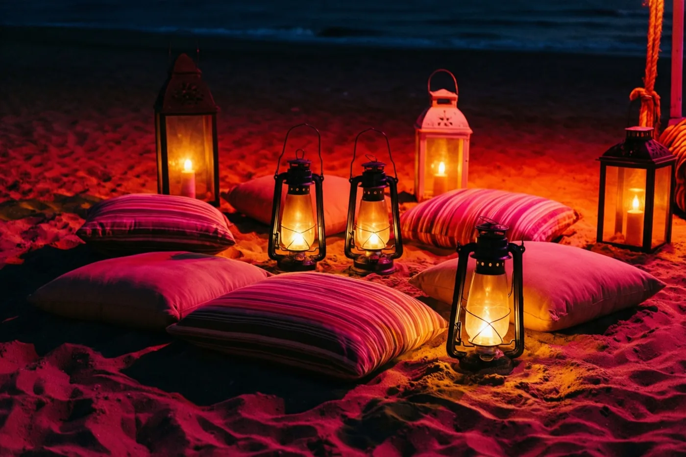 Brandende lantaarns en kleurrijke kussens liggen op een zandstrand in de nacht, verlicht door warme oranje en rode tinten.