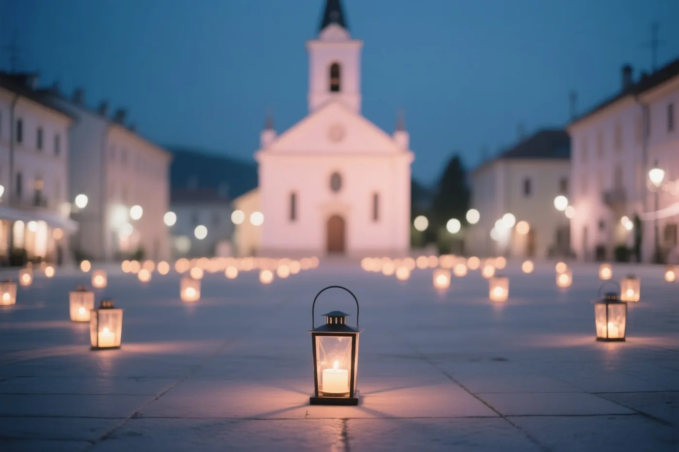 Veel kleine lantaarns staan op de stenen bestrating van een kerkplein en geven warm licht onder een blauwe schemerlucht.