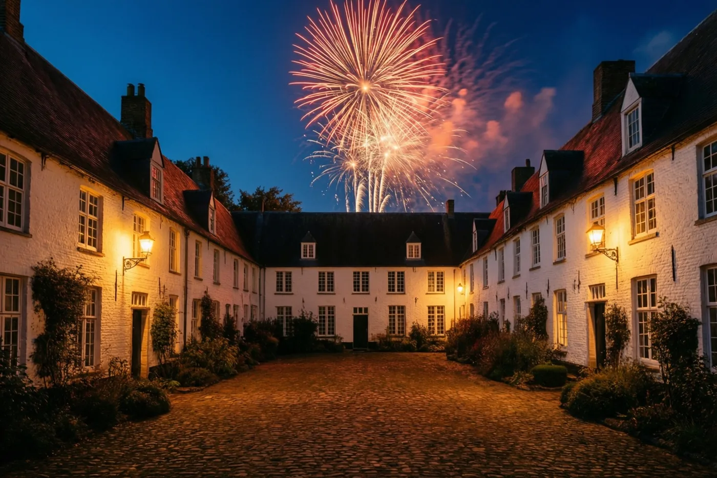 Warme lantaarns verlichten 's nachts een gekasseide binnenplaats met witgekalkte gebouwen, terwijl vuurwerk in de donkerblauwe hemel losbarst.
