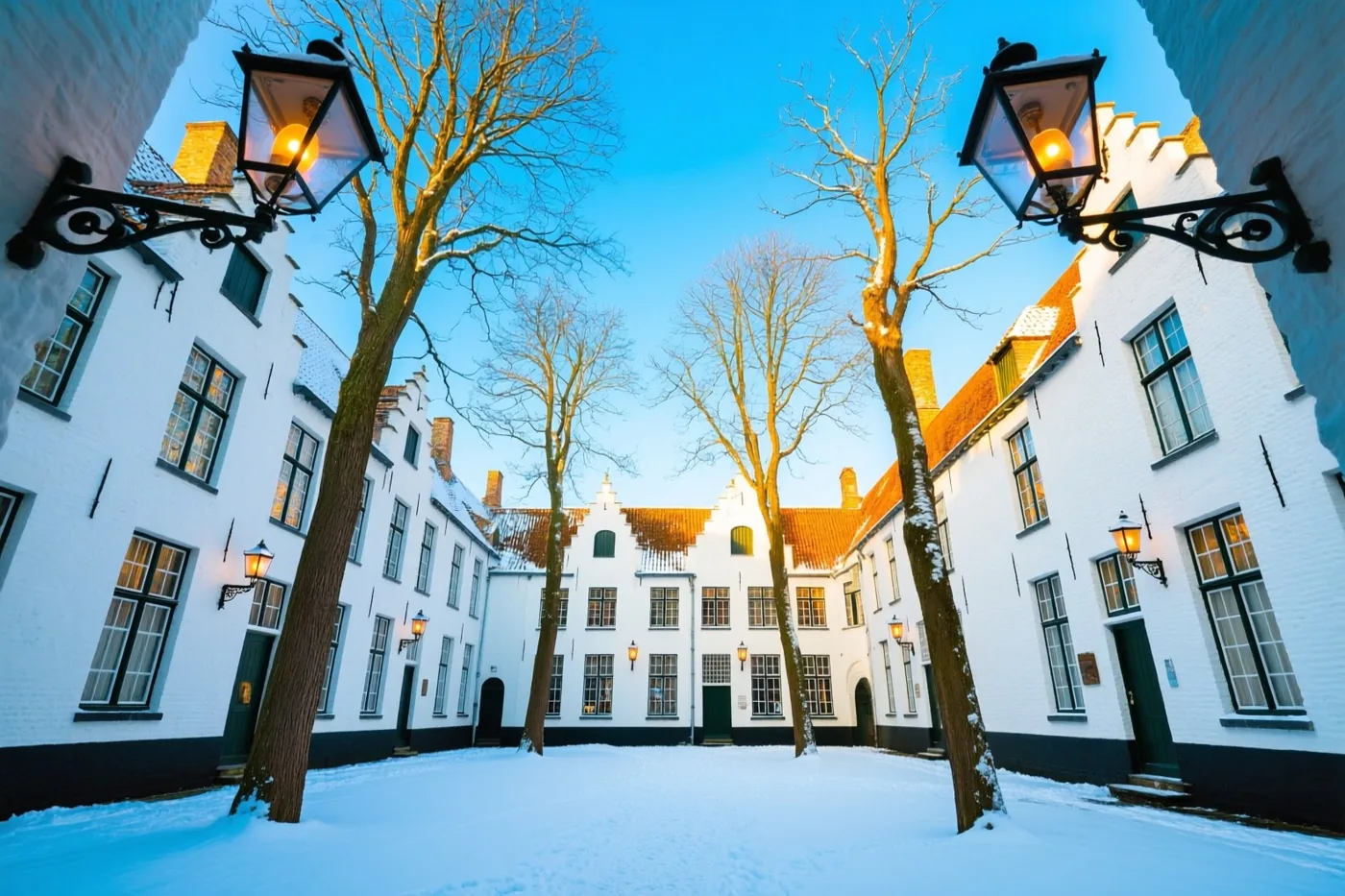 Brandende lantaarns verlichten een besneeuwd Brugs begijnhof met witte gebouwen, donkere afwerking en kale bomen onder een helderblauwe lucht.