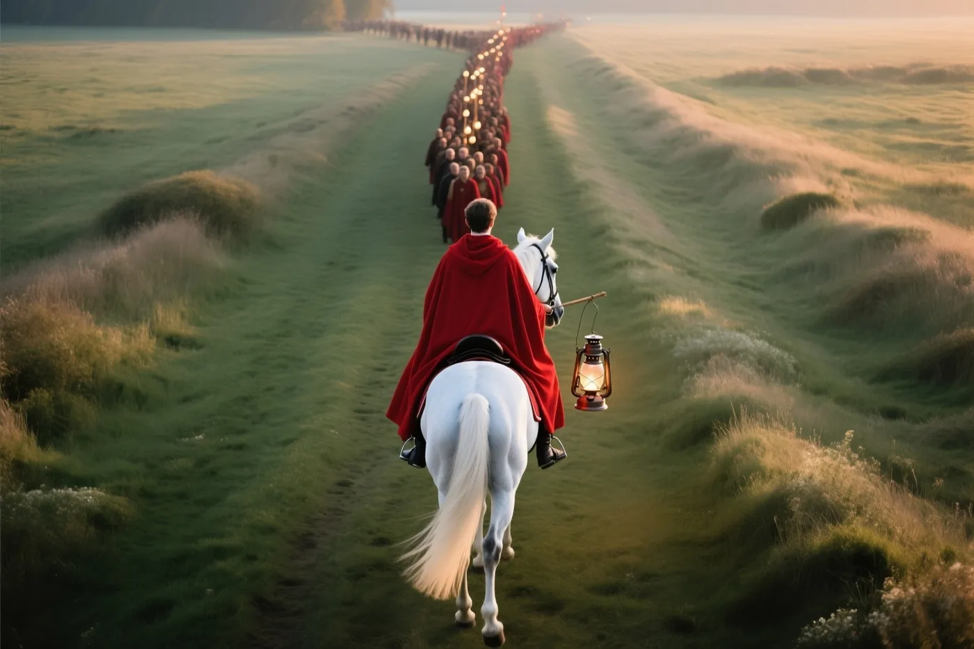 Een ruiter in een rode mantel op een wit paard leidt een lange lantaarnstoet over een graspad door een mistig veld in goudkleurig licht.