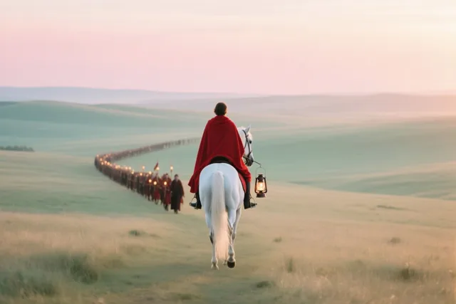 Een ruiter in een rode mantel op een wit paard leidt een lange lantaarnstoet over een uitgestrekte grasvlakte bij schemering in roze en groene tinten.