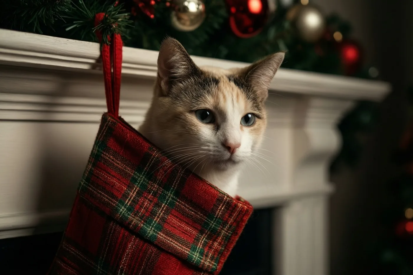 Een lapjeskat kijkt uit een rood-groen geruite kerstkous aan een witte schouwmantel, met een kerstboom met rode en gouden versieringen op de achtergrond.