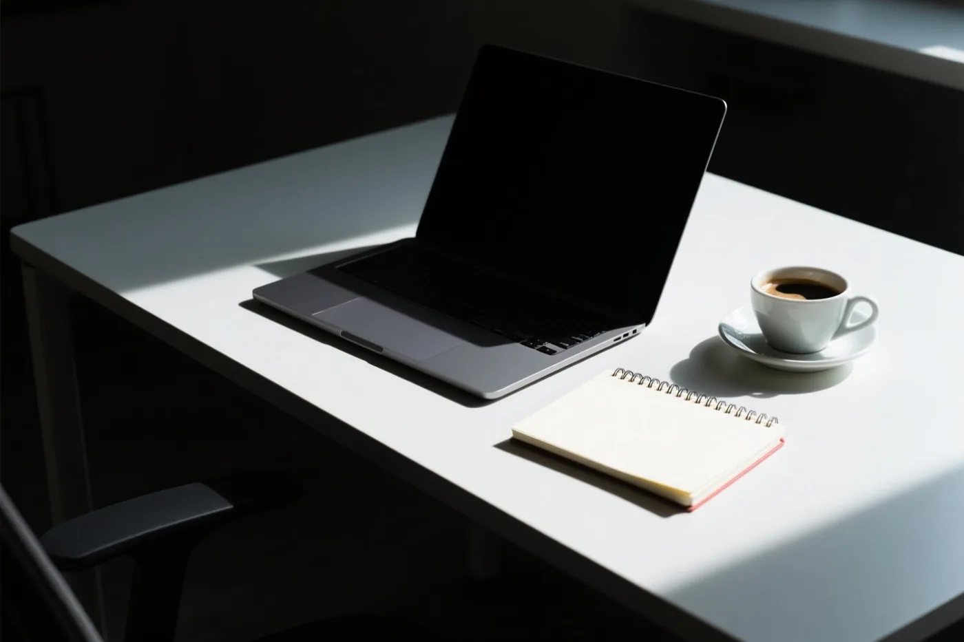 Een laptop, een koffiekop en een spiraalschrift staan en liggen op een wit bureau in helder zonlicht.
