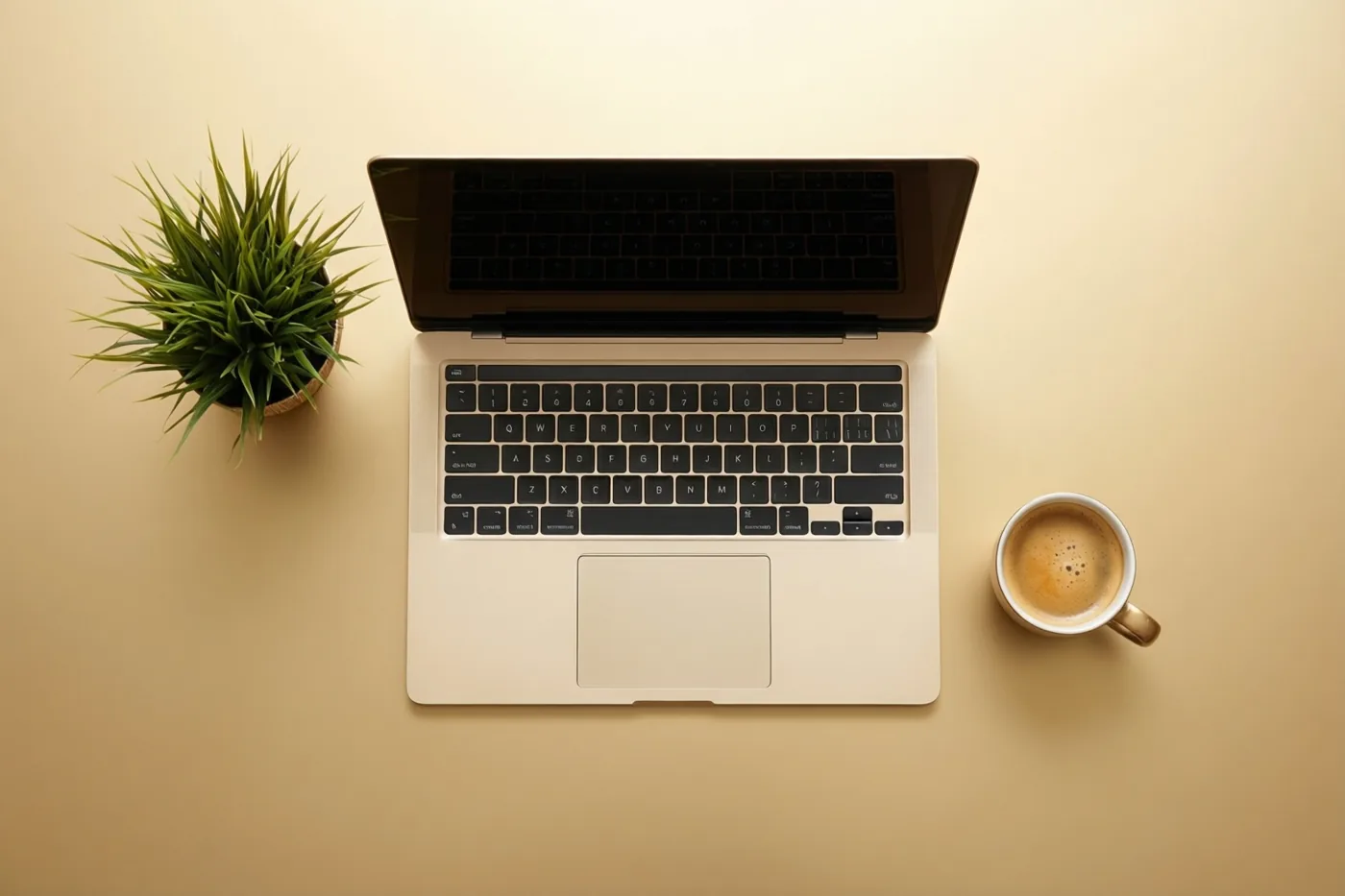 Van bovenaf zijn een zilverkleurige laptop, een klein groen potplantje en een witte mok koffie te zien op een beige oppervlak.