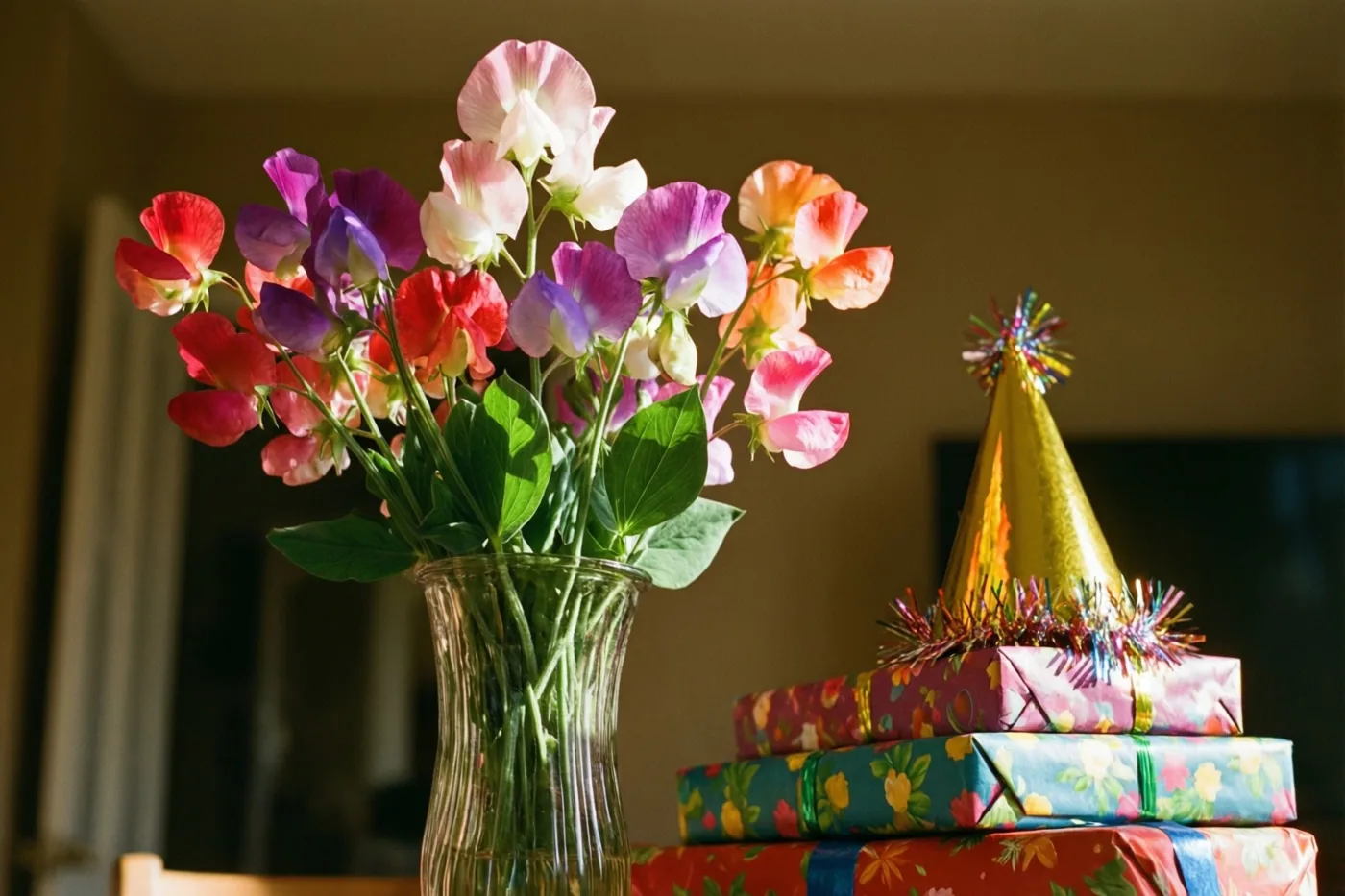 Een kleurrijk boeket lathyrus in een heldere glazen vaas staat naast een stapel kleurrijk ingepakte cadeaus met een goudkleurig feesthoedje erbovenop, in warm licht.