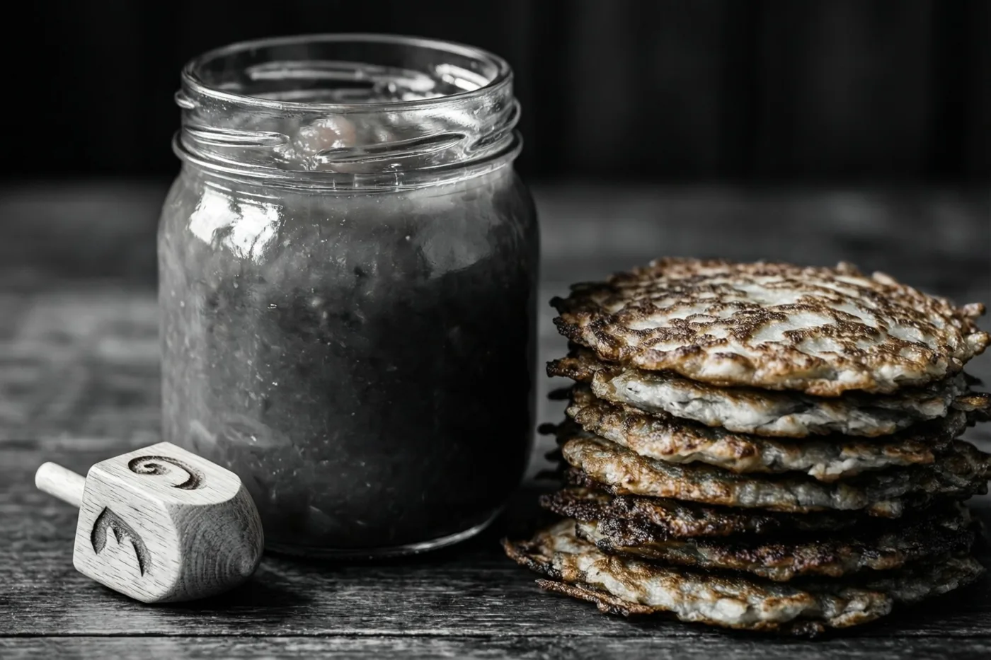 Op een monochrome foto staan een glazen pot donkere appelmoes, een stapel latkes en een houten dreidel op een donker houten oppervlak.