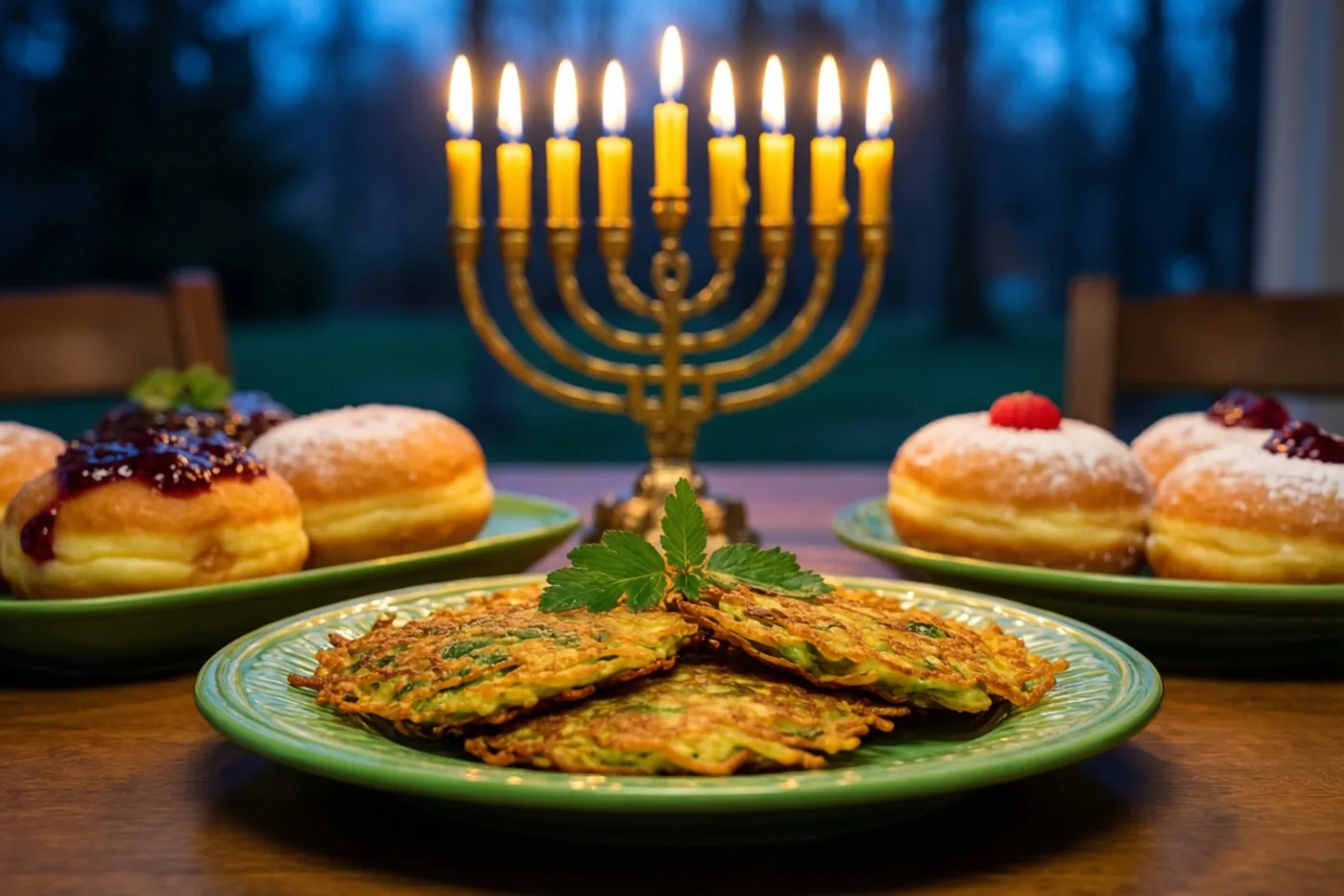 Borden met goudbruine latkes en donuts met confituur staan voor een brandende kandelaar tegen een blauwgetinte achtergrond.