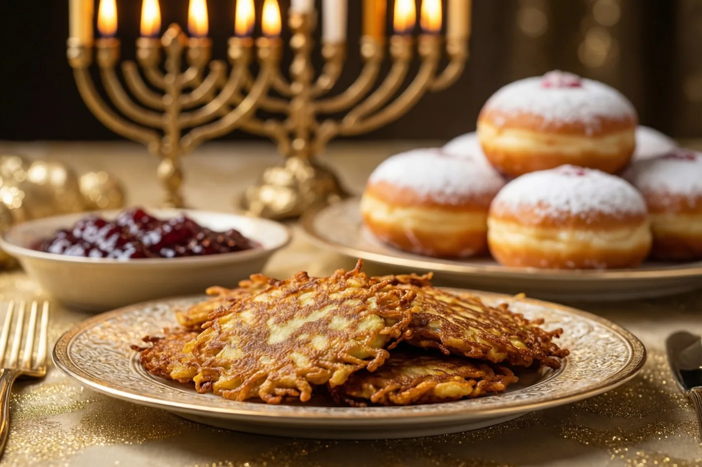 Een bord goudbruine latkes staat voor donuts met poedersuiker en een kom confituur, met daarachter een brandende kandelaar in warme goudbruine tinten.