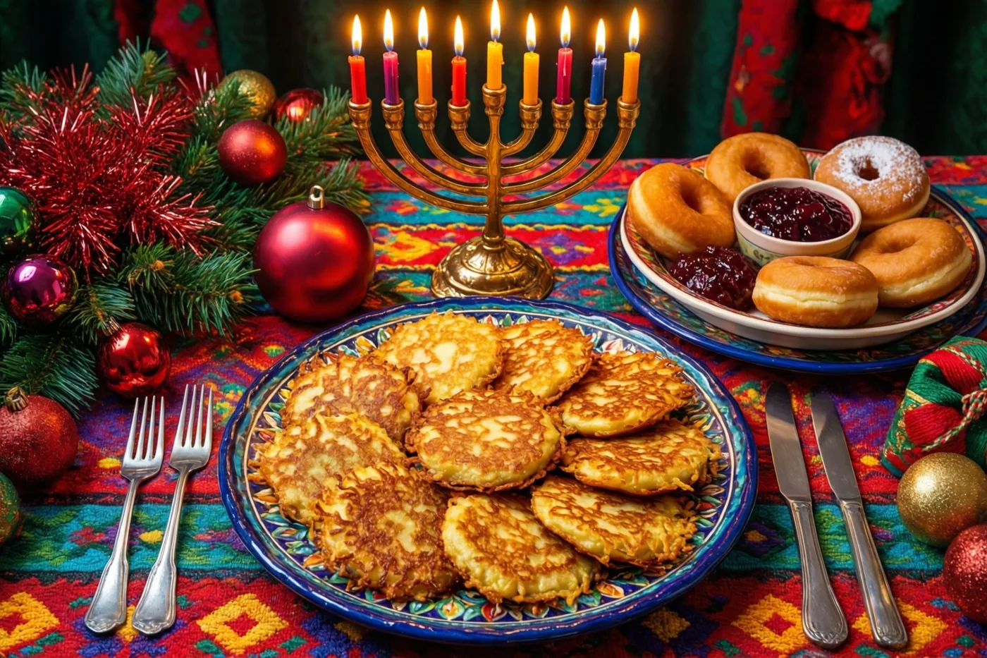 Op een feesttafel staan goudbruine latkes en donuts met confituur voor een brandende kandelaar, tussen kerstversiering en dennentakken in rood, goud en groen.