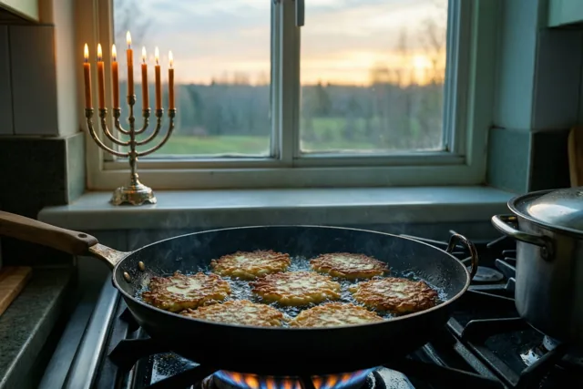 In een keuken bij schemering bakken goudbruine latkes op een gasfornuis en brandt een kandelaar op de vensterbank, met een zachte zonsondergang buiten.