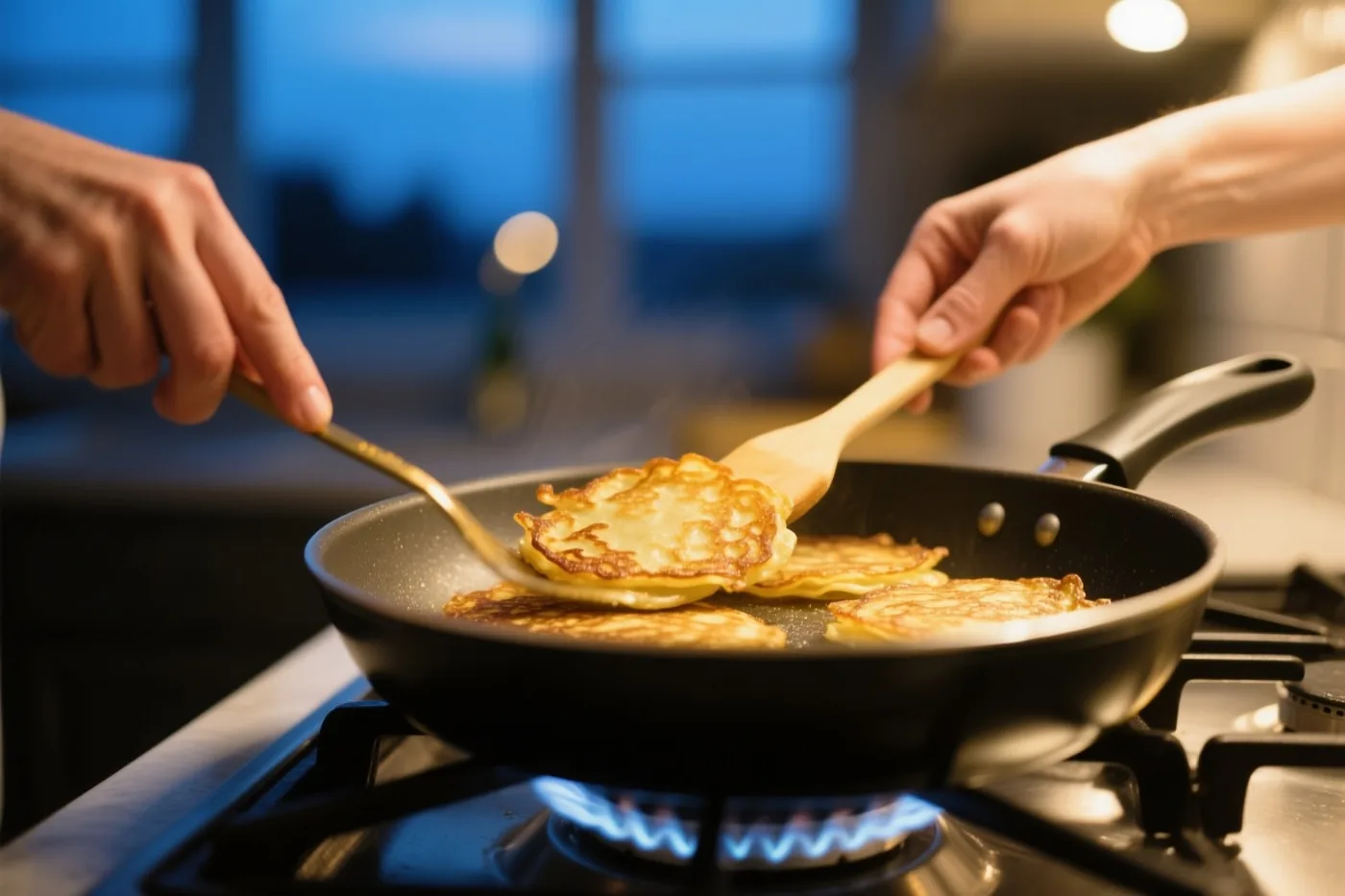 Twee handen bakken goudbruine latkes in een zwarte pan op een gasvuur met een blauwe vlam tegen een wazige blauwe achtergrond.