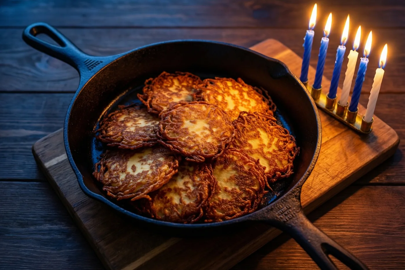 Een gietijzeren pan vol goudbruine krokante latkes staat op een houten plank naast een kandelaar met brandende blauwe en witte kaarsen, tegen een donkere houten achtergrond.