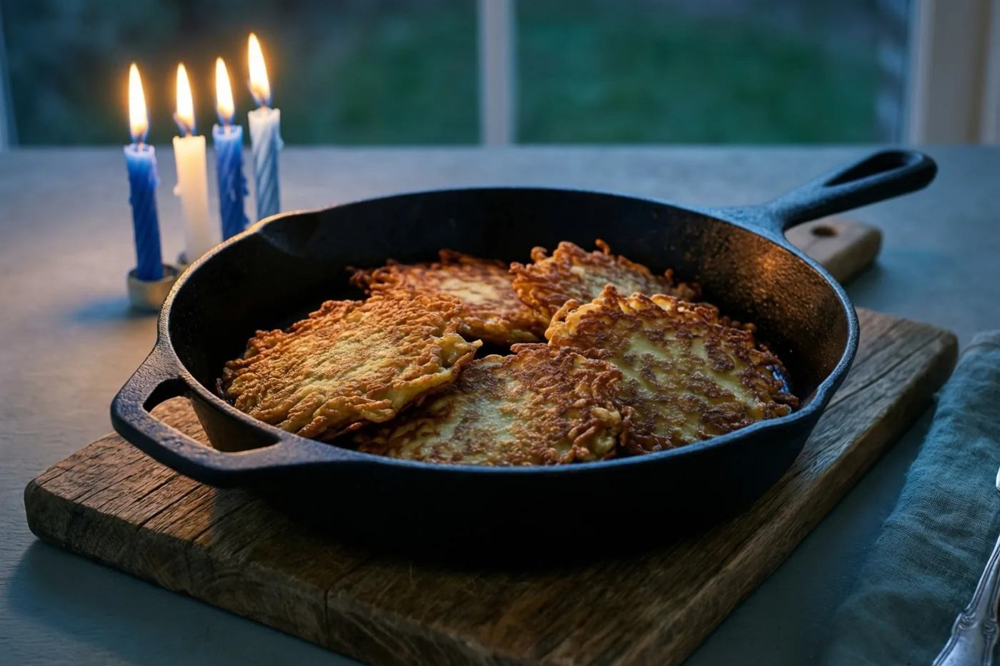 Een gietijzeren pan met goudbruine krokante latkes staat op een rustieke houten plank, met brandende blauwe en witte kaarsen op de achtergrond.