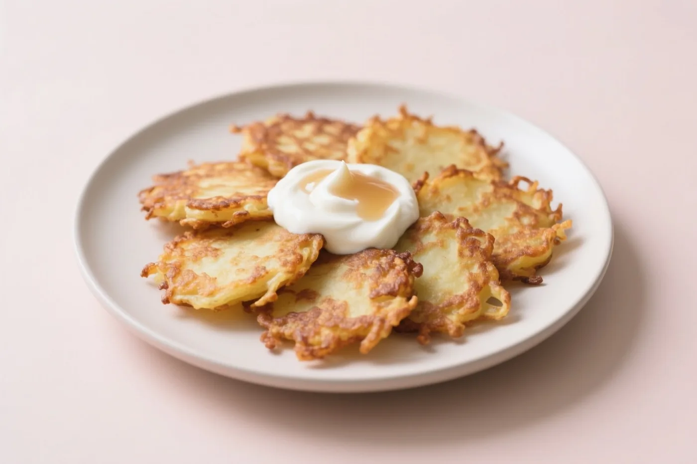 Krokante goudbruine aardappellatkes met zure room en amberkleurige saus liggen op een wit bord tegen een zachtroze achtergrond.