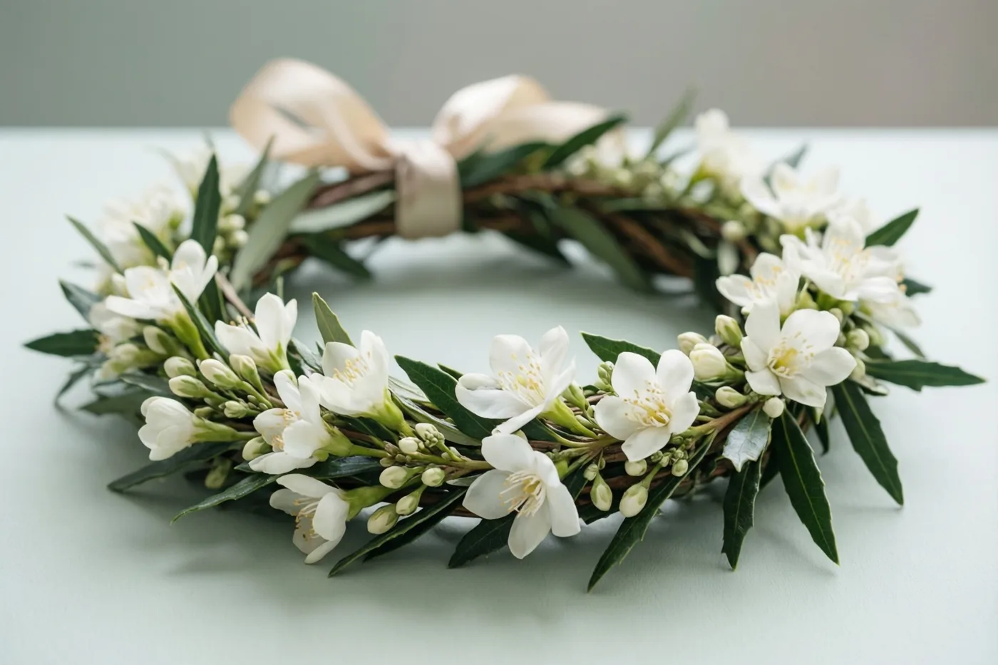 Een lauwerkrans met witte bloemen en een crèmekleurig lint ligt op een lichtgroene ondergrond.