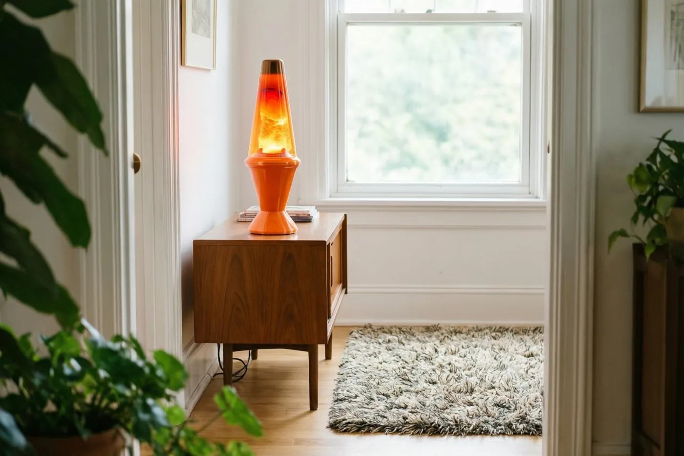 Een oranje lavalamp brandt op een houten bijzettafel in een lichte, sober ingerichte kamer met een hoogpolig tapijt en ingelijste kunst aan de muren.
