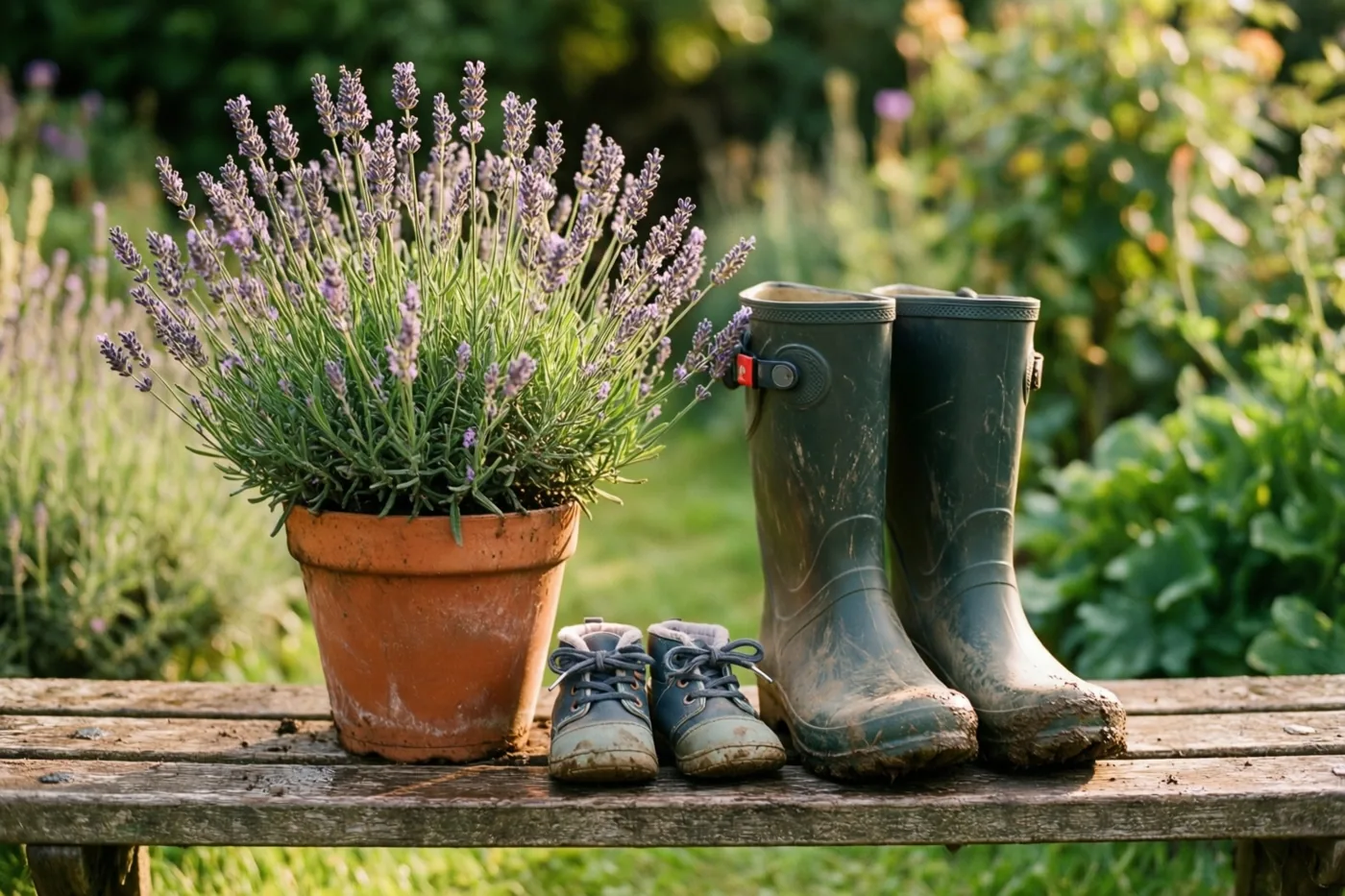 Een houten tuinbank draagt een pot lavendel, een paar kleine babyschoentjes en grote modderige tuinklompen, met groen gebladerte erachter.