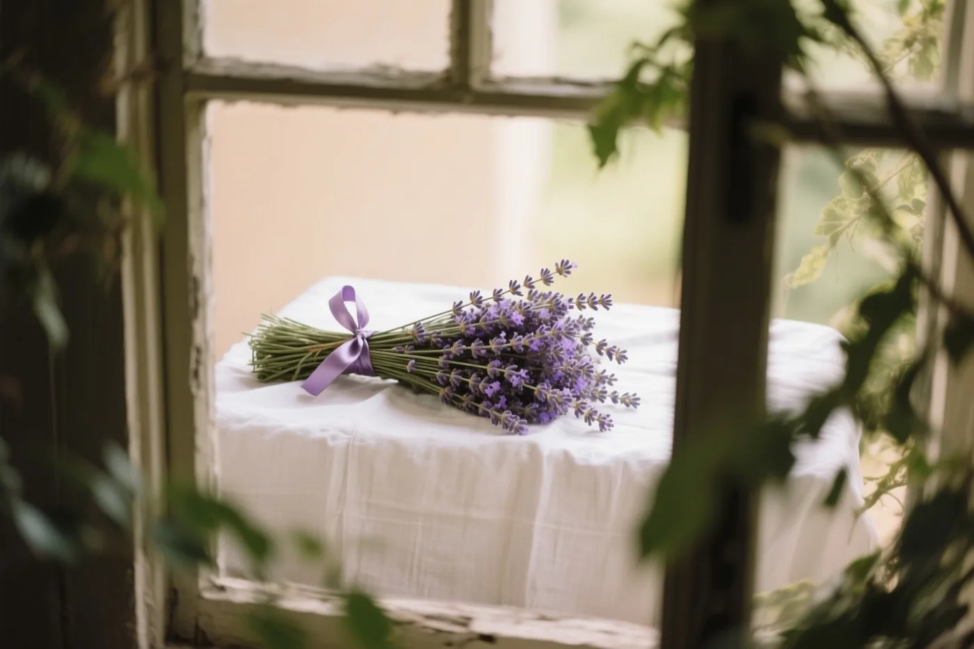 Een bundeltje lavendel met een paars lint ligt op wit linnen, gezien door een raamkozijn waar groene bladeren deels voor hangen.