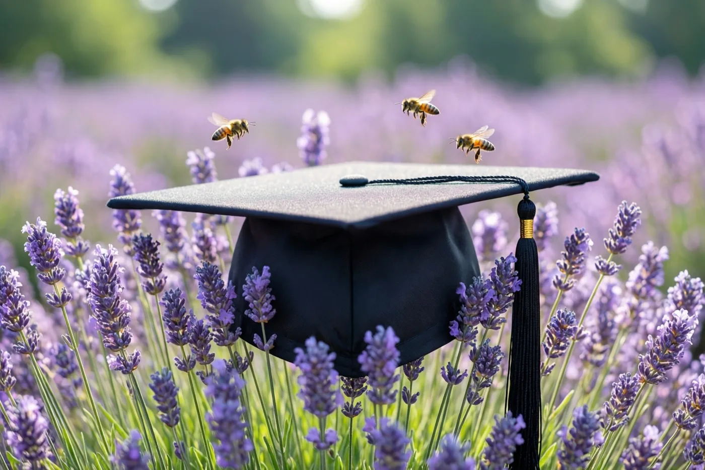 Een zwarte afstudeerhoed ligt tussen bloeiende paarse lavendel in een veld, met bijen boven de hoed en bloemen in fel zonlicht.