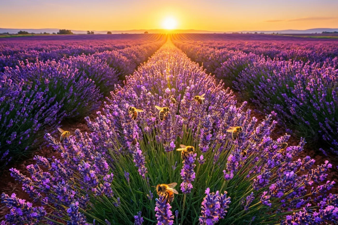 Rijen paarse lavendel strekken zich uit naar een lage gouden ochtendzon terwijl bijen tussen de bloemen vliegen en erop landen.