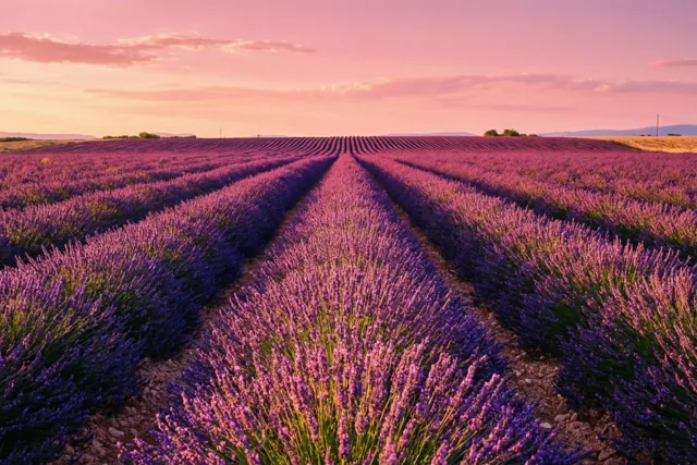 Rijen bloeiende lavendel strekken zich uit onder een warmroze lucht bij zonsondergang.