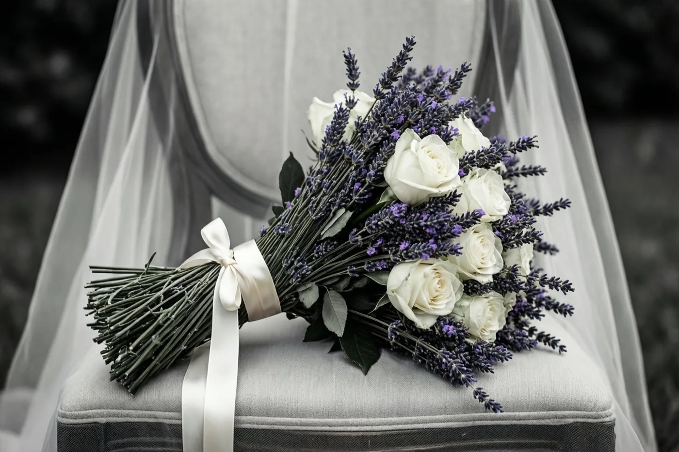 Een boeket lavendel en witte rozen met een satijnen lint ligt buiten op een stoel waarover een sluier is gedrapeerd.