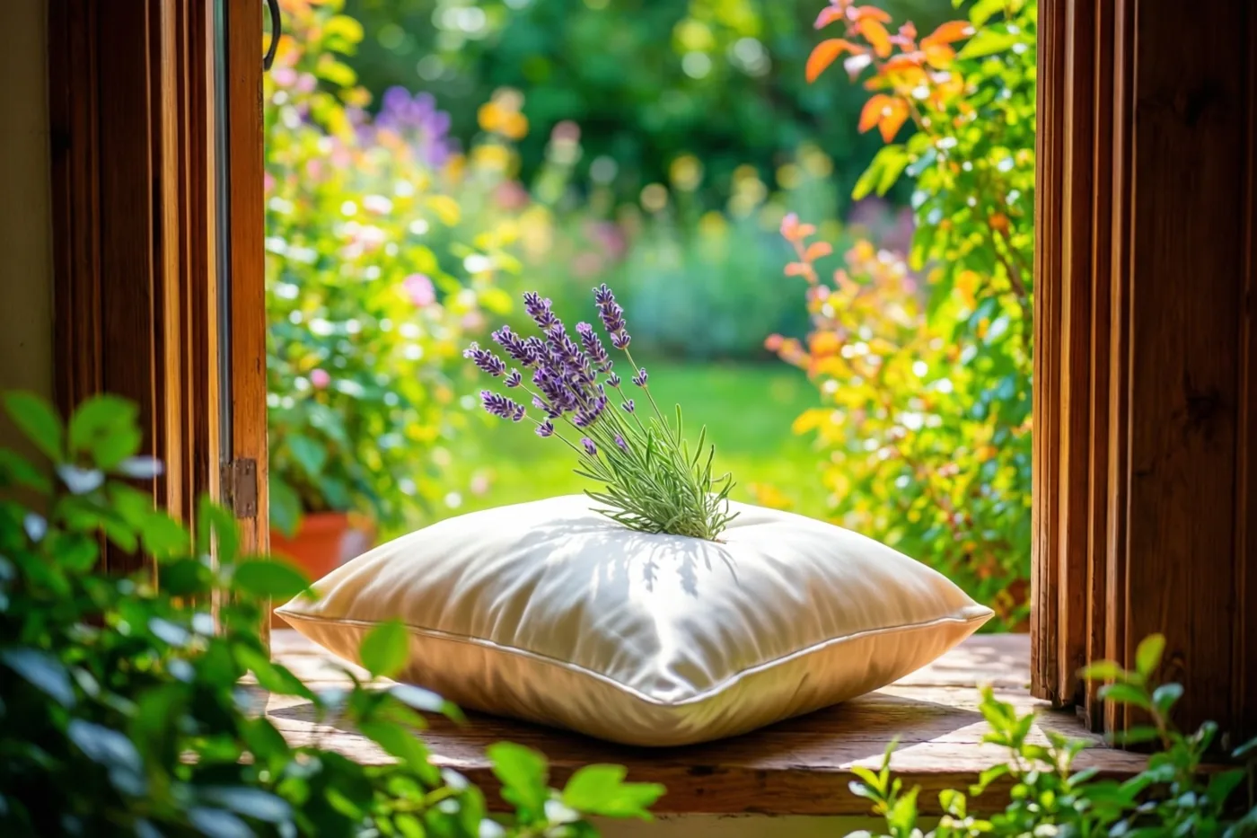 Een crèmekleurig kussen met een takje lavendel ligt op een houten vensterbank bij een open raam met zicht op een zonnige tuin vol groen en kleurrijke bloemen.