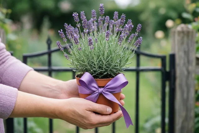 Twee handen houden een lavendelplant in een pot met een paarse strik vast tegen een wazig tuinhek op de achtergrond.