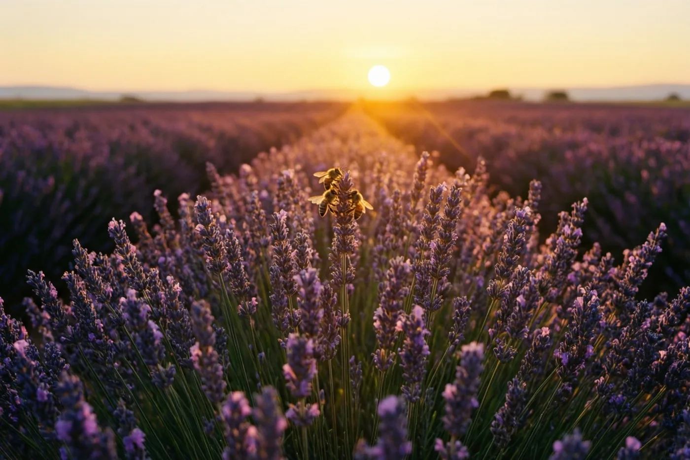 Rijen lavendel lopen de verte in onder een lage gouden zon bij zonsopgang met bijen op de bloemen.