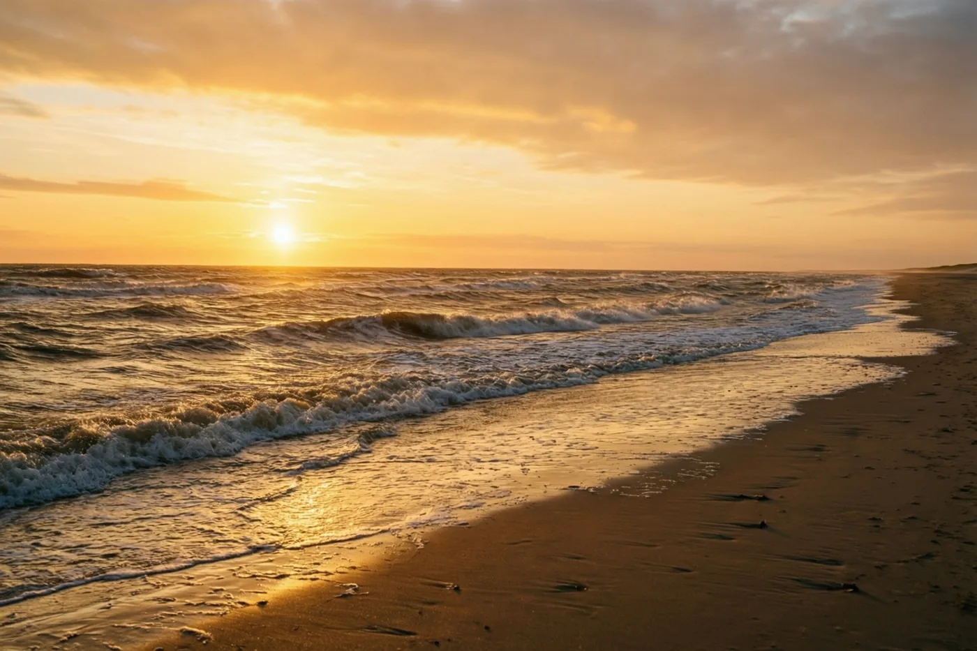 Zachte golven rollen op een breed, leeg strand bij zonsondergang, met gouden en oranje tinten boven de zee.