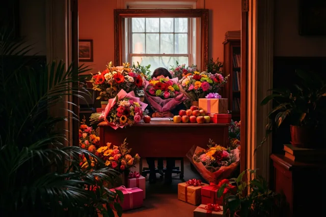 Een leerkracht zit aan een houten bureau vol kleurrijke boeketten, rode appels en ingepakte cadeaus van leerlingen, in warm licht van een raam.