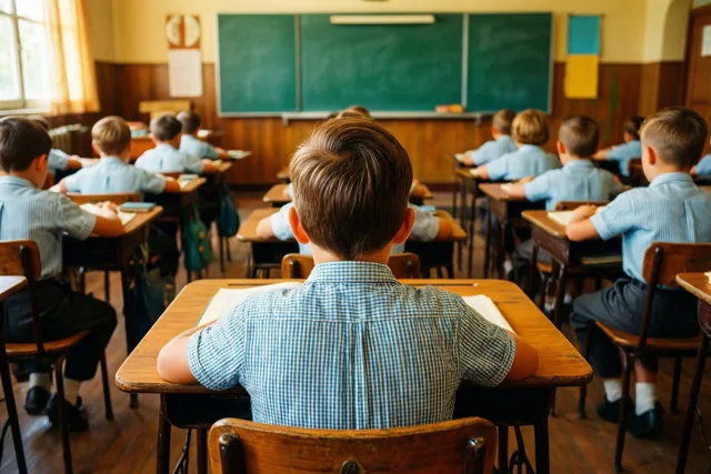 Van achteraan zie je een klas uit de jaren vijftig met leerlingen in blauwe geruite hemden aan houten schoolbanken, gericht naar een groen krijtbord.
