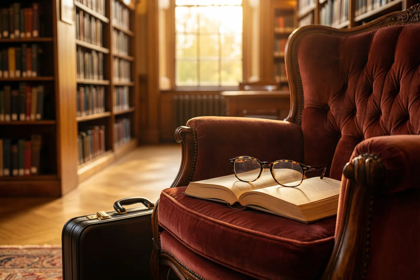 Een leesbril ligt op een open boek in een rode fluwelen fauteuil in een zonnige bibliotheek, met houten boekenkasten en een gesloten zwarte aktetas op de vloer.