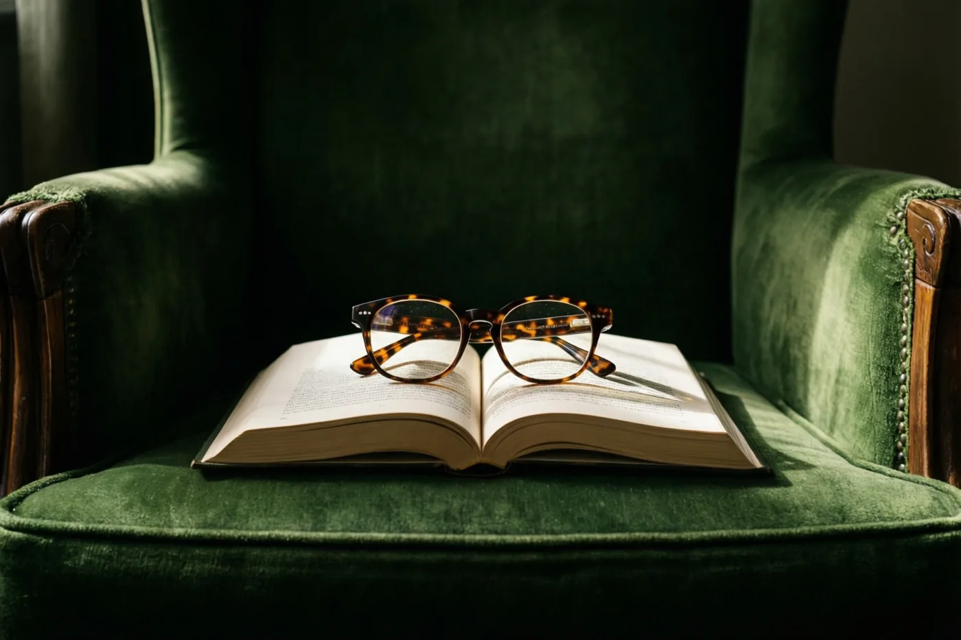 Een leesbril met schildpadmotief ligt op de bladzijden van een open boek op een diepgroene fluwelen fauteuil in warm namiddaglicht.