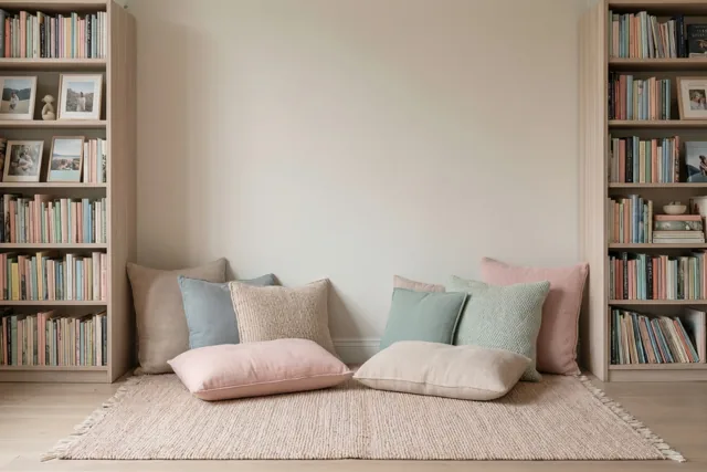 In een leeshoek liggen pastelkleurige kussens op een geweven tapijt, tussen hoge houten boekenkasten met boeken en ingelijste foto's tegen een beige muur.