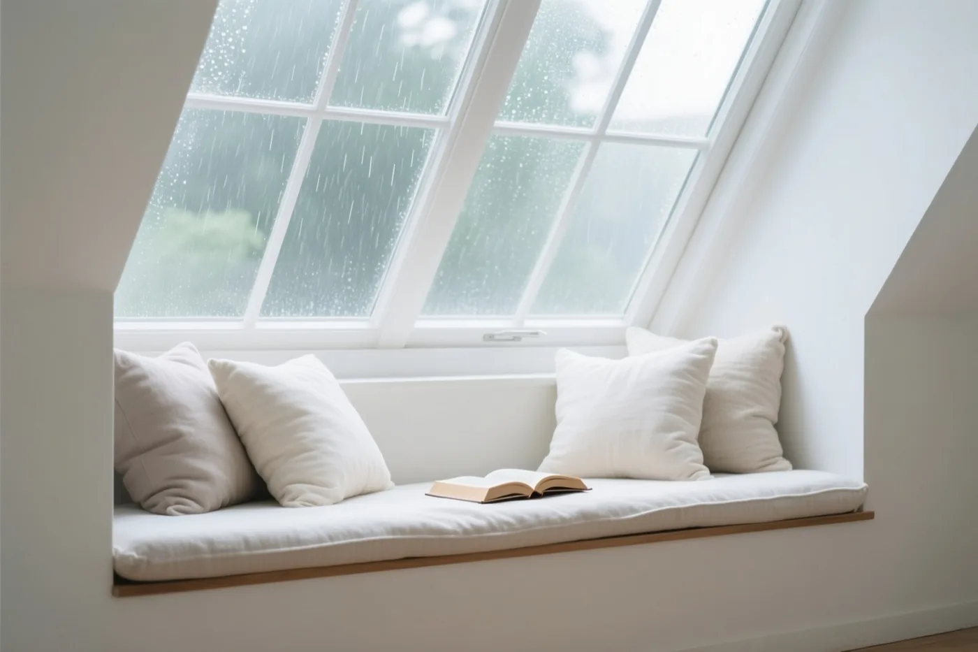 Een zitbank met witte kussens en een open boek staat onder een schuin dakraam met regendruppels in een lichte kamer met witte muren.