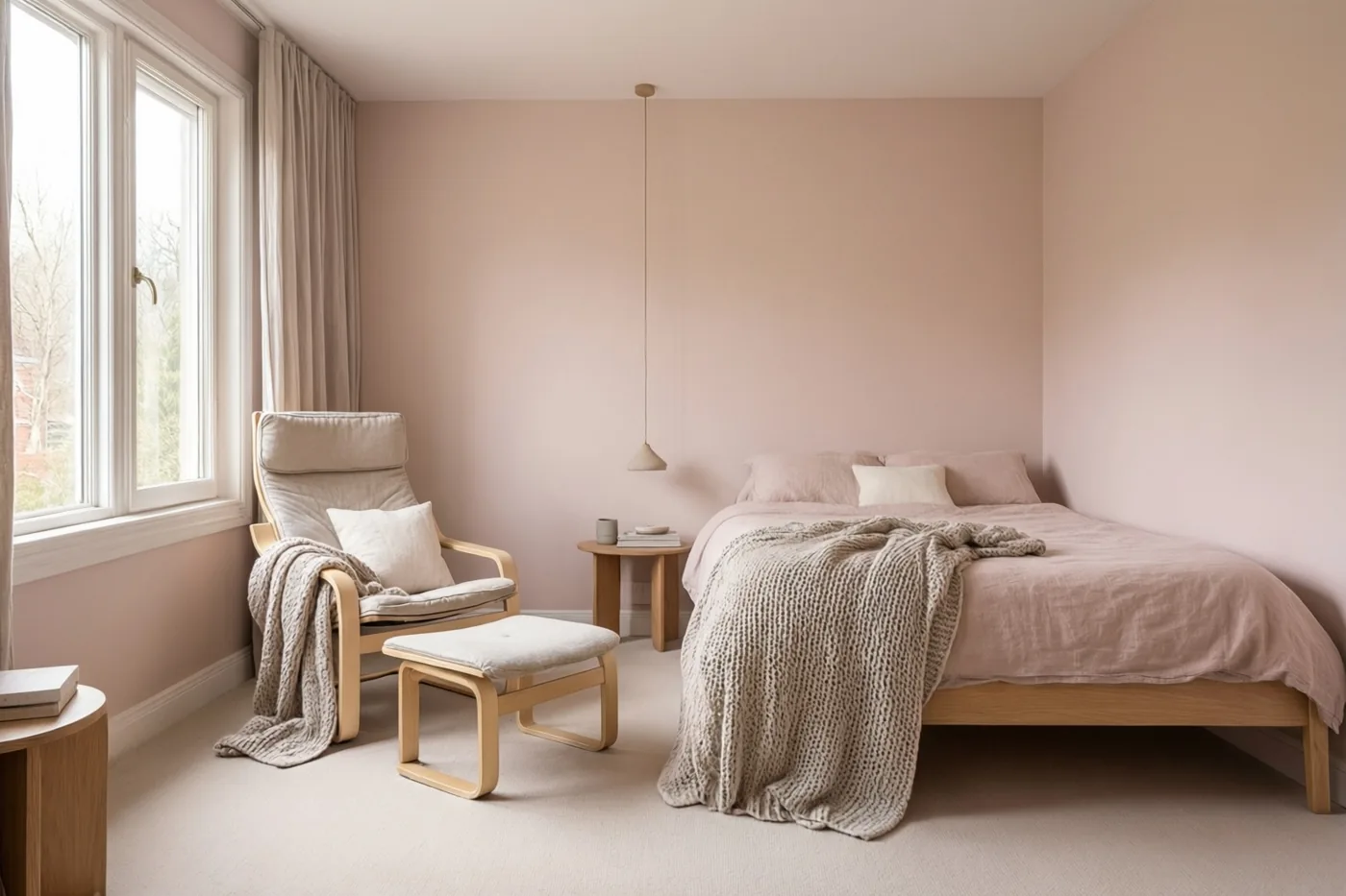In een slaapkamer met zachtroze muren staan een houten leesstoel met een gebreide deken, een voetenbankje en een bed met bijpassend beddengoed.