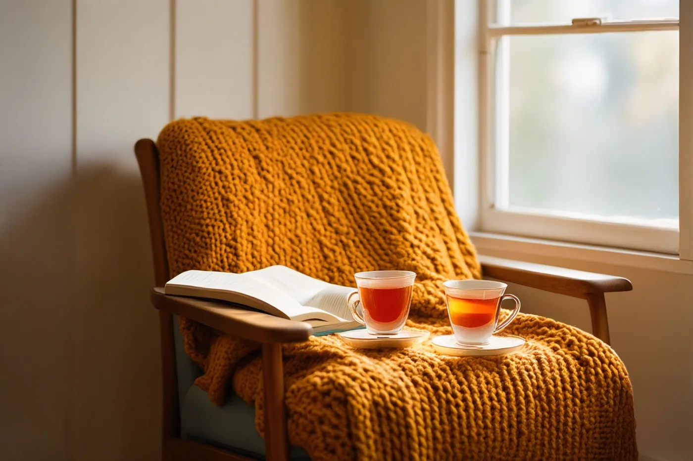 Een houten leesstoel met een dikke mosterdgele gebreide deken, een open boek en twee koppen thee staat bij een raam in warm daglicht.