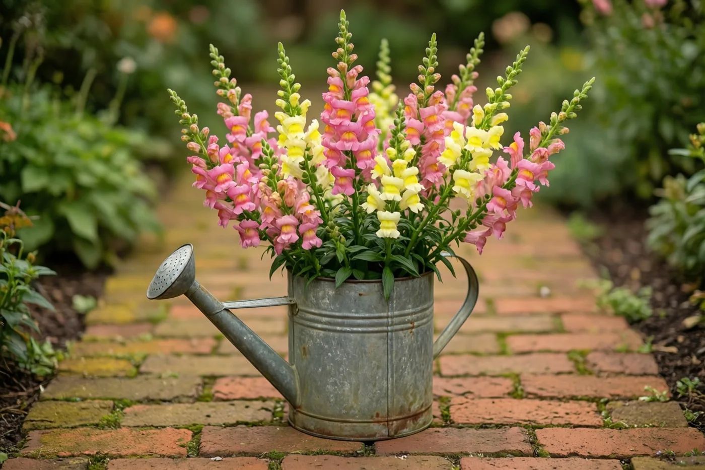 Hoge roze en gele leeuwenbekjes staan in een oude gedeukte blikken gieter op een bakstenen tuinpad, met groen op de achtergrond.